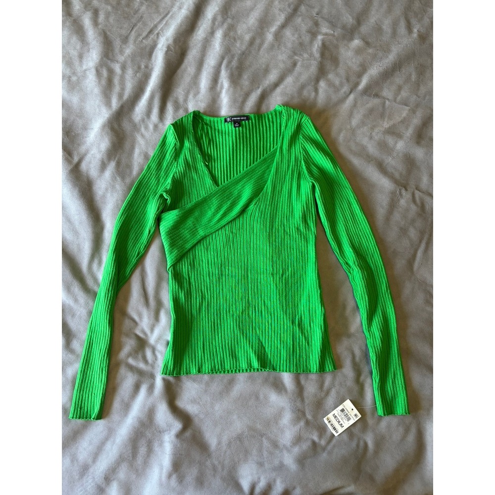 INC International Concepts Green Ribbed Wrap Neck Long Sleeve Top Medium